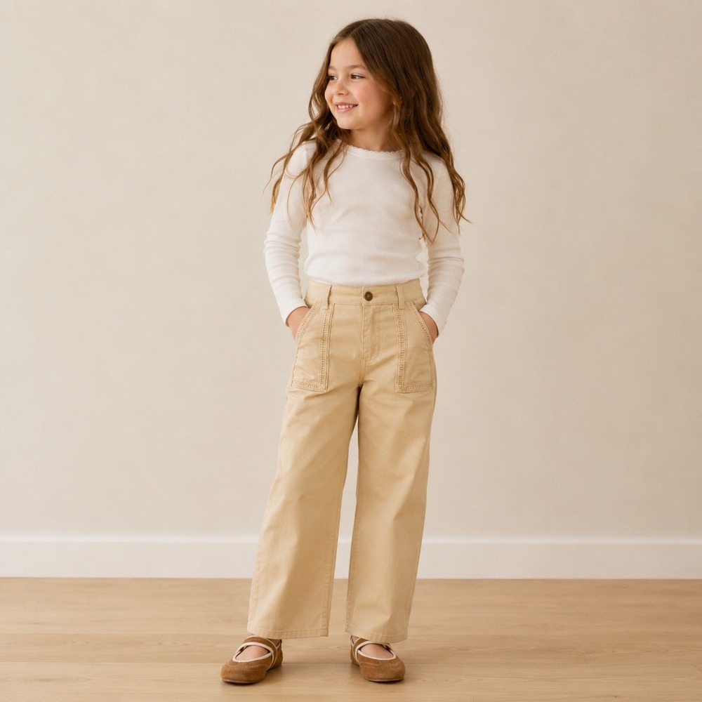 Owillo Kids Tan Khaki Wide Leg Pants Ladder Lace Detail High Waist Trousers NWT